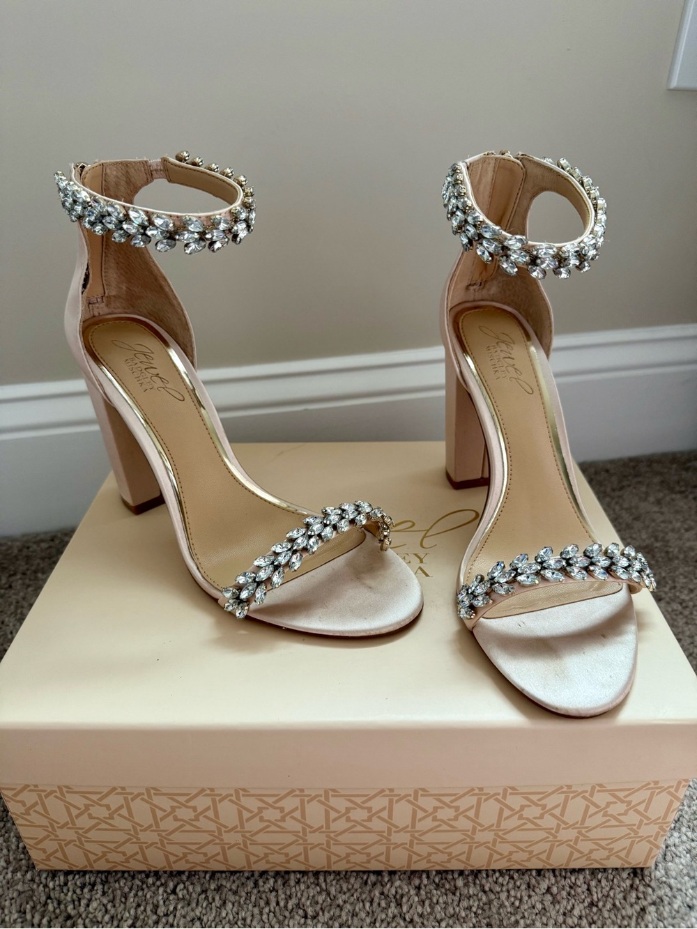 Badgley Mischka Jewel Crystal-Embellished Ankle Strap Heels - Nude